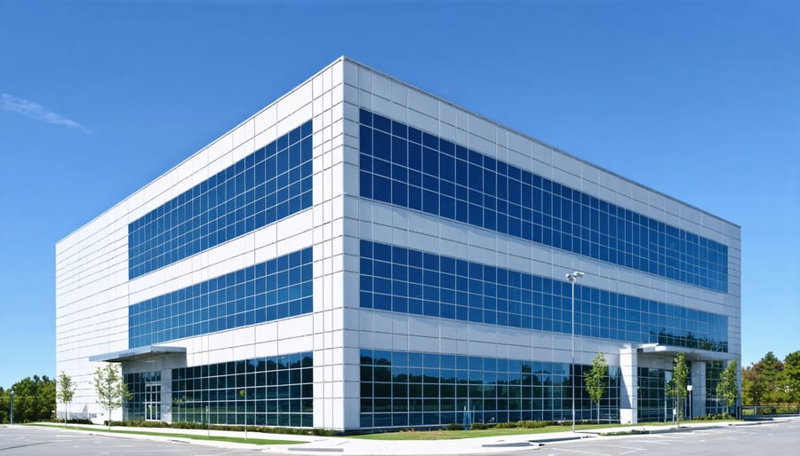 Contemporary commercial building with integrated solar panels showing seamless architectural integration