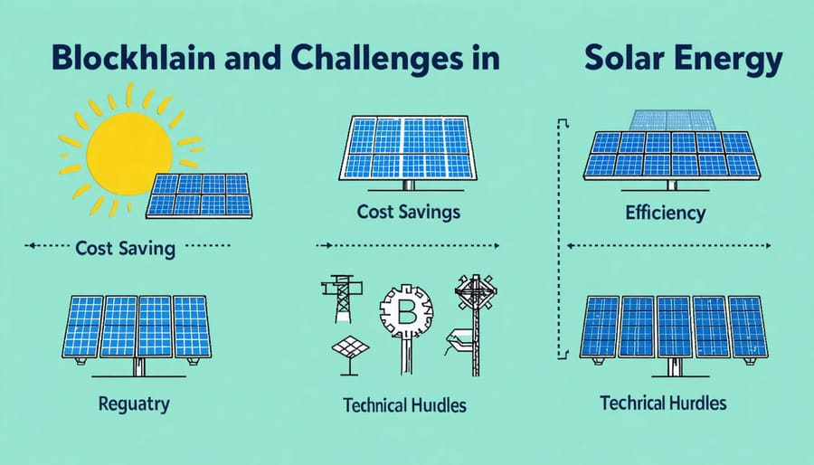 Infographic displaying key benefits and challenges of blockchain implementation in solar energy systems