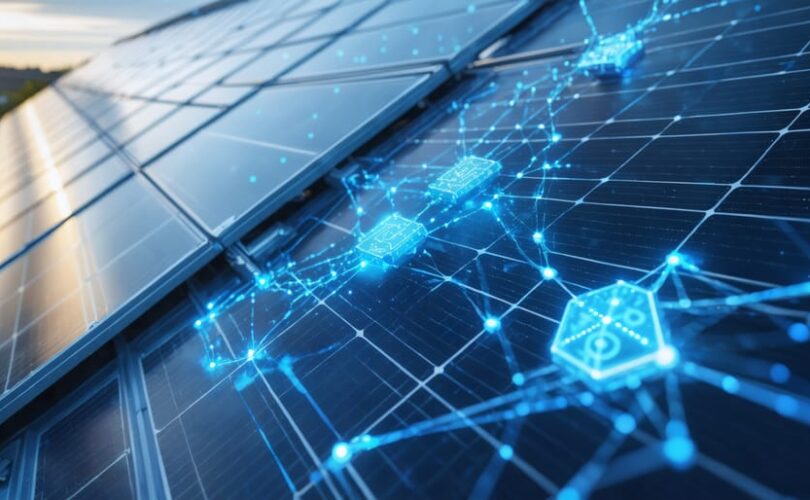 Illustration of interconnected solar panels linked through a blockchain network, symbolizing decentralized energy management and transactions.