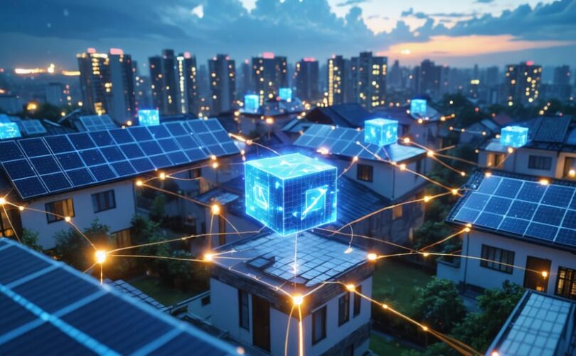 A modern cityscape at twilight with rooftops displaying solar panels interconnected by glowing blockchain cubes, symbolizing decentralized solar energy trading.