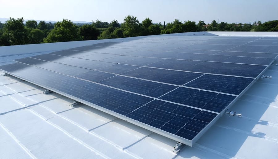 Large-scale commercial building with Mono PERC solar panel array installed on its roof