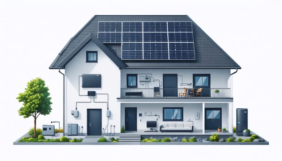 Diagram of a complete home solar power system with labeled components