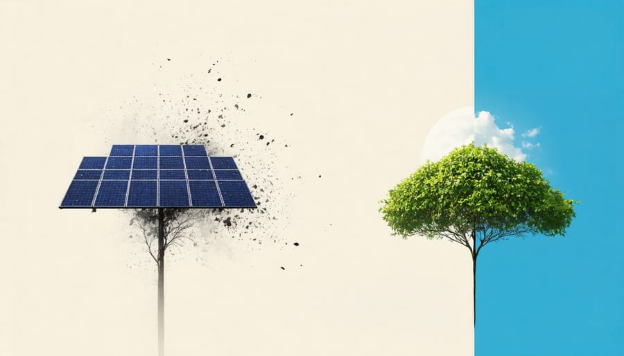 Side-by-side comparison of dusty solar panels and clean panels protected by ecosystem integration