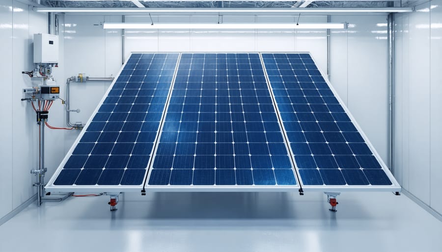 Climate-controlled testing chamber with solar panels undergoing environmental stress testing