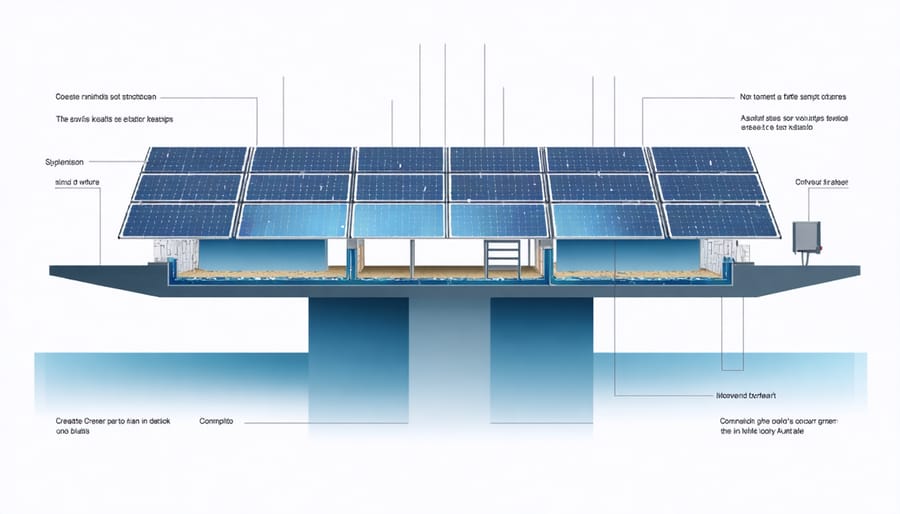 Cross-sectional diagram illustrating key components of a floating solar system including floats, panels, and anchoring