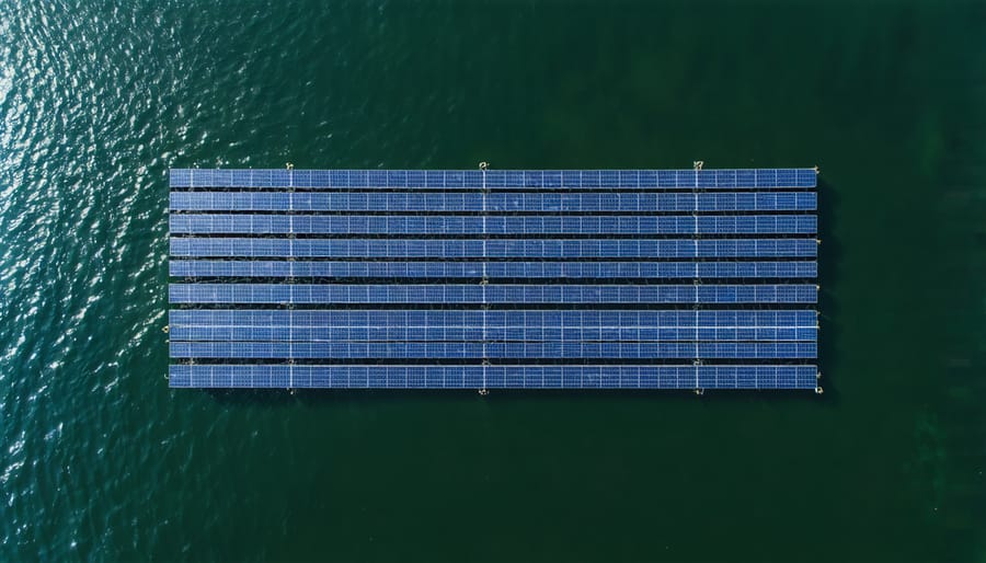 Bird's eye view of floating solar panels arranged in rows on a blue water surface