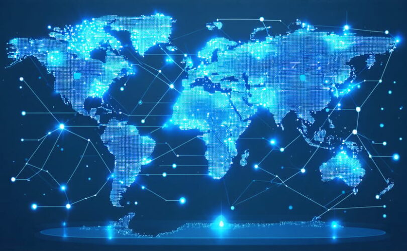 Conceptual illustration of a world map showing interconnected solar panel trade routes across continents, representing international trade barriers in the solar PV industry.