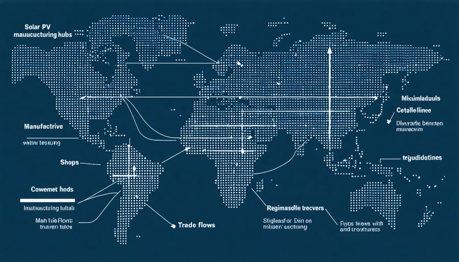 World map visualization of solar PV manufacturing centers and international trade routes