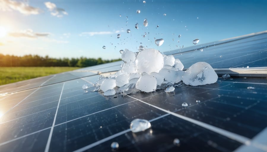 Slow-motion photograph of simulated hail striking a solar panel during impact resistance testing