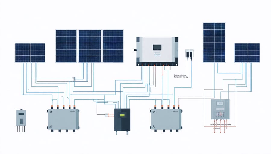 Technical diagram illustrating core components and connections in a hybrid solar PV system