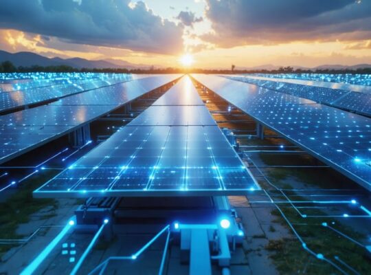 A futuristic hybrid solar power system with solar panels, advanced batteries, and illuminated thermal storage units under a sunrise backdrop, depicting energy flow and technological integration.