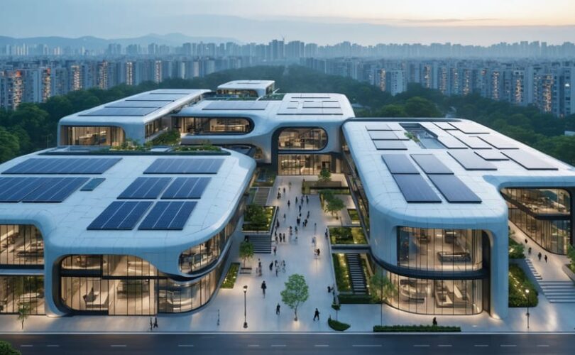 A futuristic city skyline featuring buildings with integrated solar panels on windows, facades, and roofs, highlighting the blend of modern architecture and renewable energy solutions.