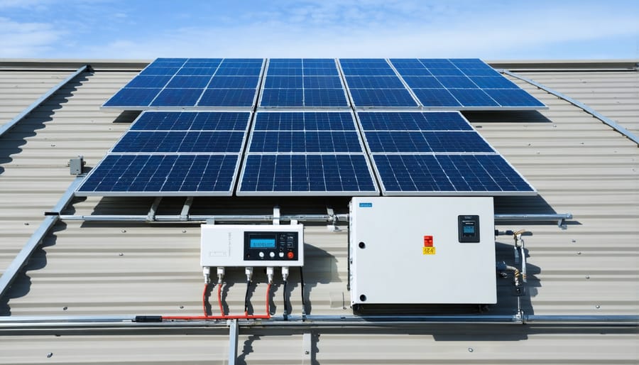 Solar inverter system showing protection equipment and monitoring displays