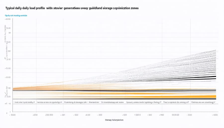 Daily energy consumption and solar generation curve with highlighted storage optimization periods