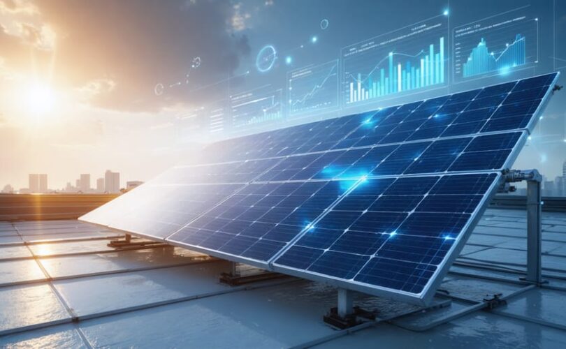 Illustration of a Mono PERC solar panel on a commercial rooftop, highlighting its advanced passivation layer technology and showcasing its role in efficient solar energy production.