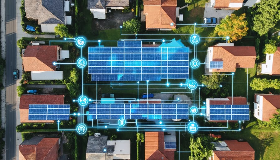 Birds-eye view of houses with solar panels connected by peer-to-peer energy trading network visualization