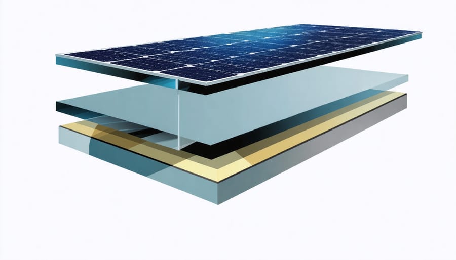 Technical diagram illustrating the layered structure of photovoltaic glass window construction