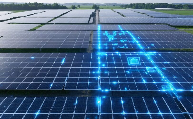 Conceptual illustration of a solar farm highlighting perimeter fences, surveillance cameras, and digital security shields representing comprehensive security measures.