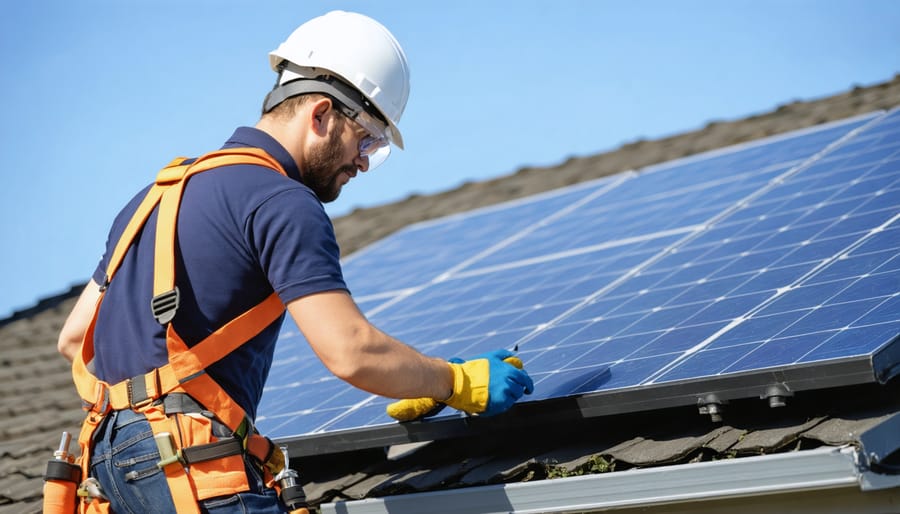 Solar professional conducting safety assessment while wearing proper protective equipment