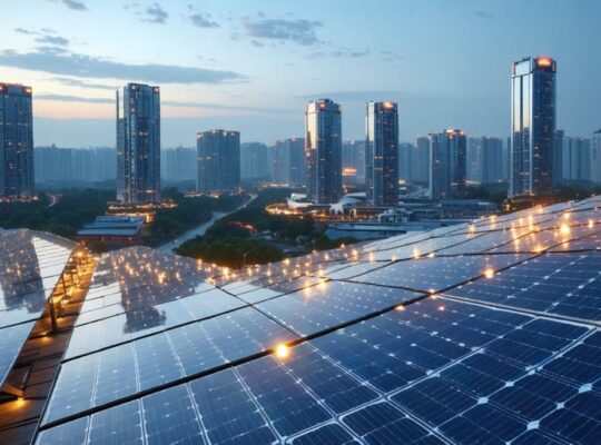 Depiction of a futuristic city powered by solar panels made from recycled plastic, showcasing the transformation of plastic waste into renewable energy.