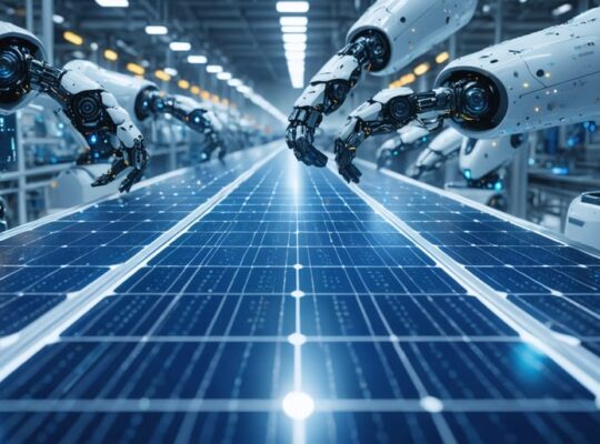 “Conceptual image depicting robotic arms in a modern solar panel manufacturing facility, representing advancements in automation technology with AI and data integration.”