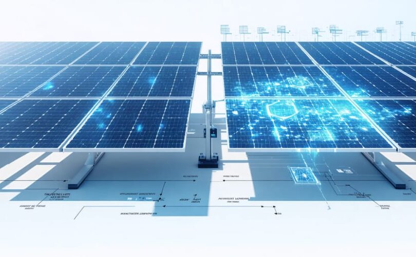 Futuristic split-screen visualization showing traditional solar panel management on one side and modern AI-enhanced solar management on the other, illustrating advances in PV systems.