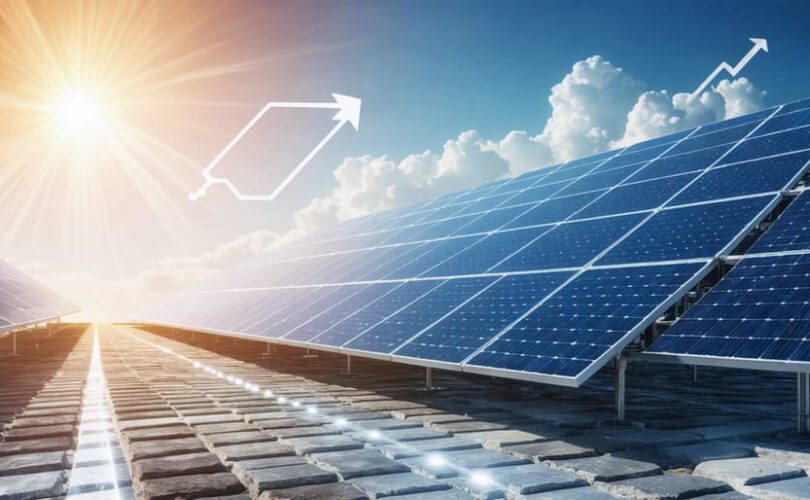 Illustration depicting the lifecycle of solar photovoltaic systems, highlighting key components like silicon and metals, and the sustainable energy they generate.