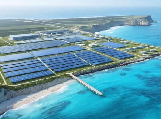 Illustration of a modern solar desalination plant by the sea, featuring expansive solar panels and sleek infrastructure for water purification, emphasizing renewable energy and environmental sustainability.