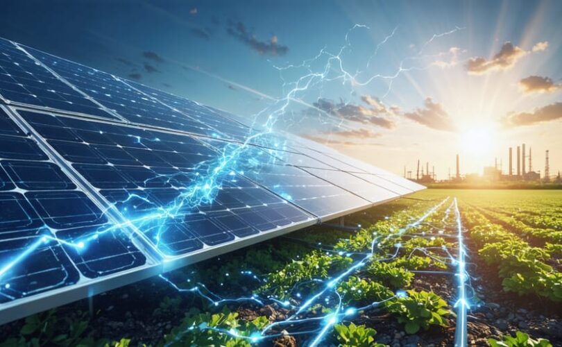 Artistic depiction of sunlight transforming into electricity, showing sunlight striking solar panels, generating electron flow through circuits, and connecting to residential and industrial structures.