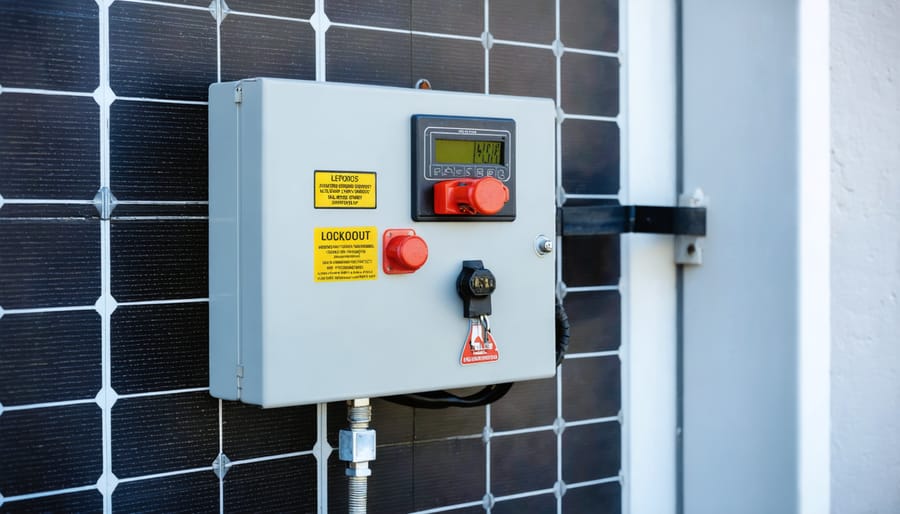 Solar technician applying lockout/tagout safety devices to electrical equipment