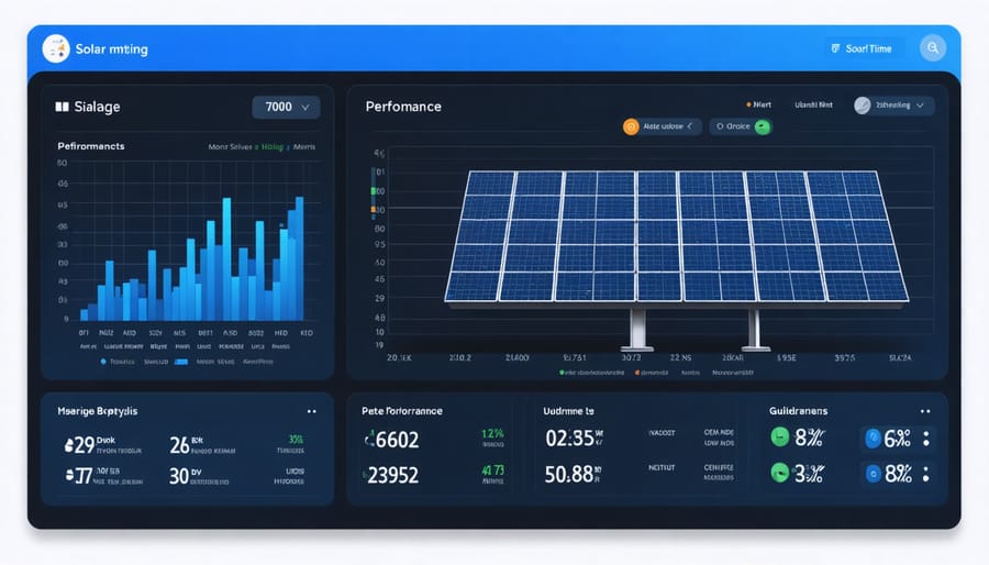 Digital dashboard interface displaying solar system performance data and analytics