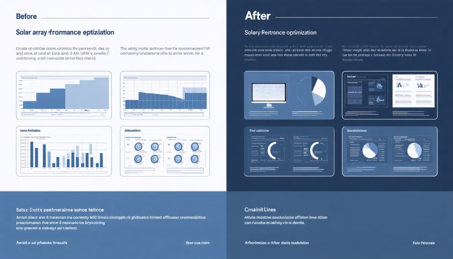 Split-screen comparison of solar array performance before and after optimization