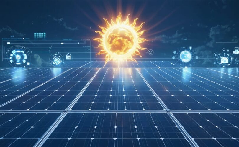 Conceptual illustration showing solar panels with varying tilt angles and orientations, integrated with smart monitoring and energy storage systems to optimize efficiency.