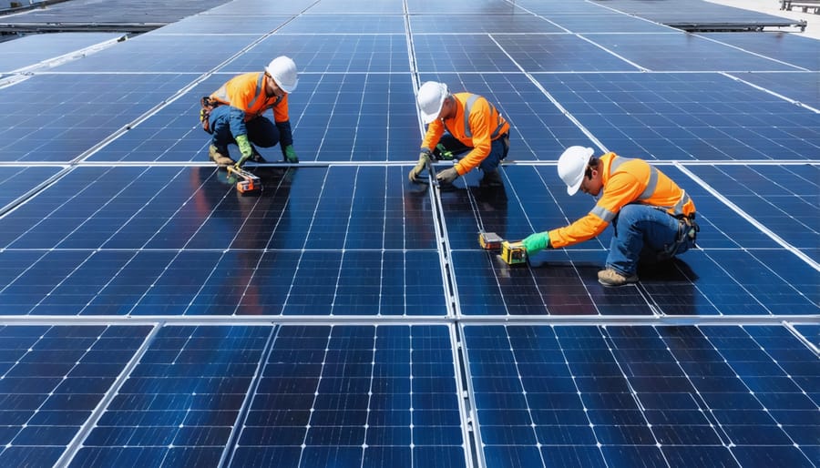Professional team removing solar panels from mounting structures using safety equipment