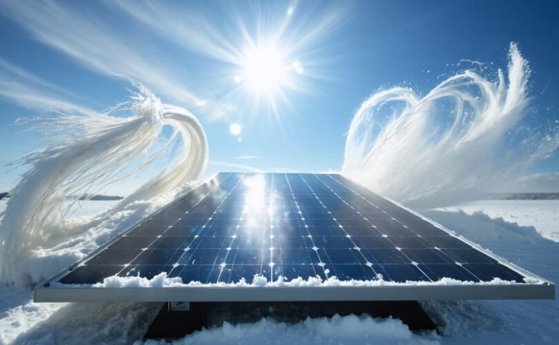 A solar panel depicted with elements of wind, snow, and sun, illustrating its resilience against diverse environmental stressors as part of durability testing.