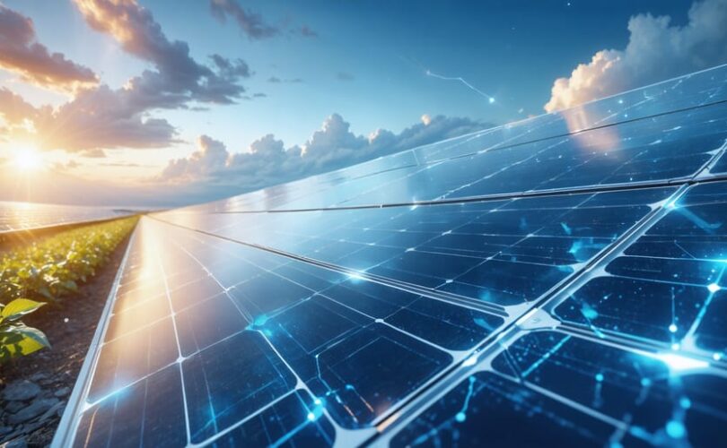 Innovative solar panel field under the sun, showcasing advanced photovoltaic cells with abstract technological elements in the background, symbolizing the evolution and efficiency breakthroughs in solar energy.