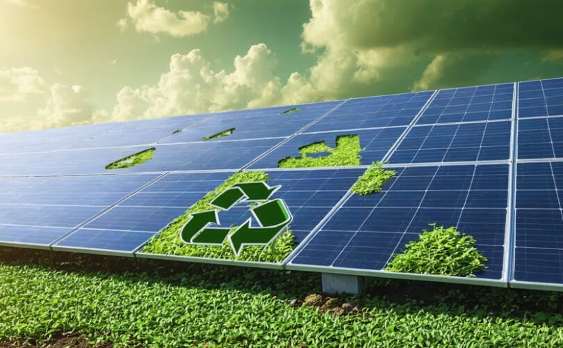 A conceptual visualization illustrating the lifecycle of a solar panel, including operational solar farms and recycling facilities, highlighting sustainability and recycling within the renewable energy sector.