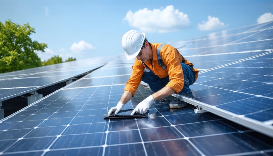 Professional cleaning and inspecting solar panels on rooftop installation