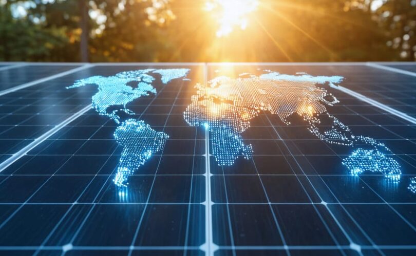 Conceptual representation of a solar panel with IEC and UL certification marks, along with a map illuminated by sunlight, emphasizing global safety standards.