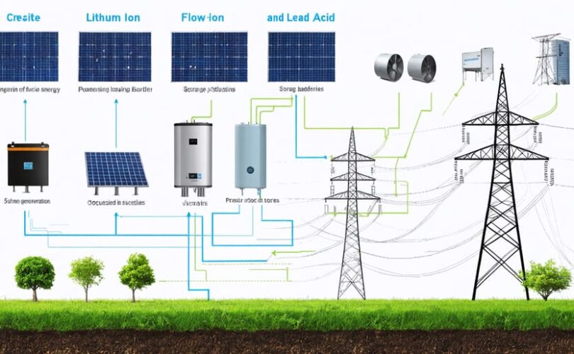 Diagram illustrating different solar energy storage technologies, including lithium-ion, flow, and lead-acid batteries, highlighting their characteristics and efficiencies alongside solar panels and power grid elements.