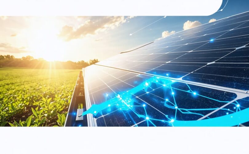 Conceptual illustration of a solar photovoltaic system converting sunlight to electricity, showing solar panels, inverters, and energy flow.