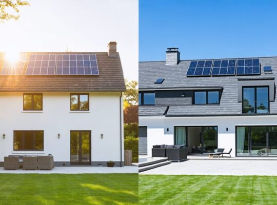 A comparative image showing a traditional home with mounted solar panels juxtaposed against a modern home with integrated solar roof shingles, highlighting the differences in design and technology.