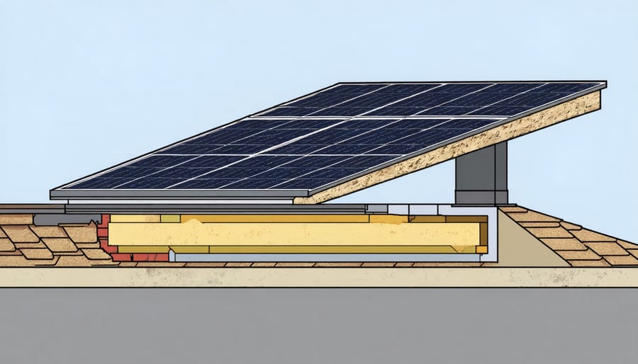 Technical diagram illustrating the layers and components of a solar roof shingle