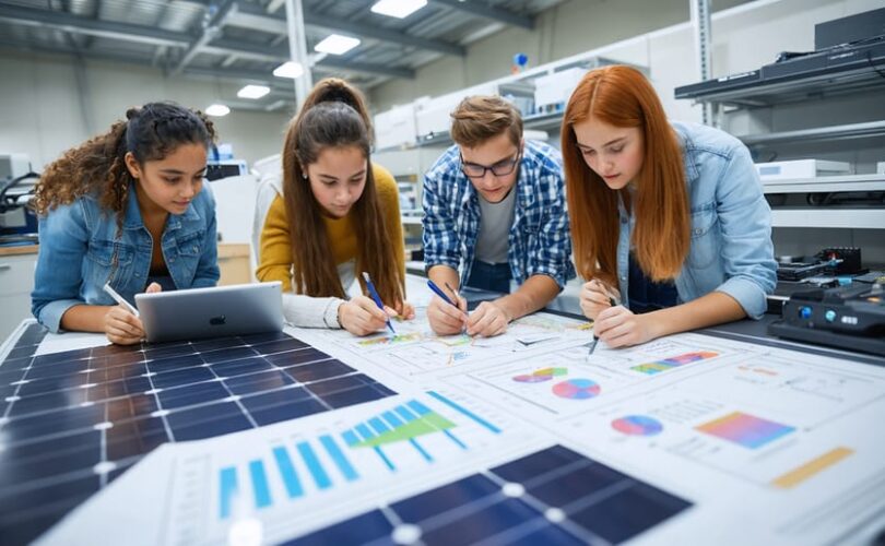 Diverse students in a technical program engage in hands-on training with solar panels and equipment, illustrating the integration of practical skills and innovative technology in photovoltaic education.
