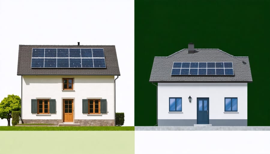 Side-by-side comparison of homes with solar panels and solar shingles