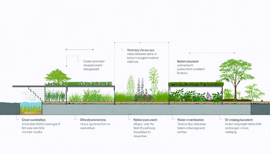 Technical illustration showing solar panel mounting system with integrated water management and native plant growth