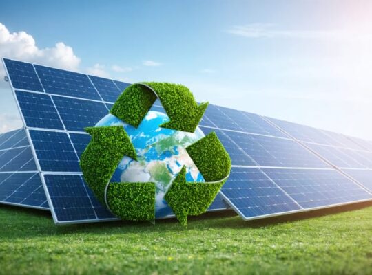 Solar panels with a recycling symbol and a globe, emphasizing sustainable disposal and compliance with global regulations.