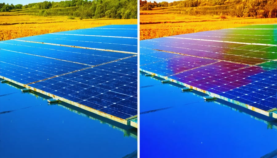 Thermal image comparison showing cooler temperatures of water-mounted solar panels versus land-based panels