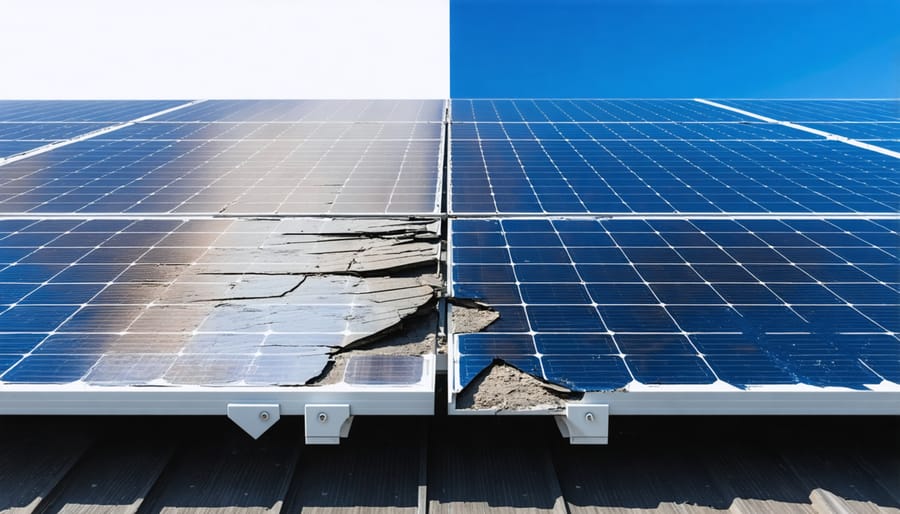 Comparison of new versus weather-damaged solar panels showing physical deterioration