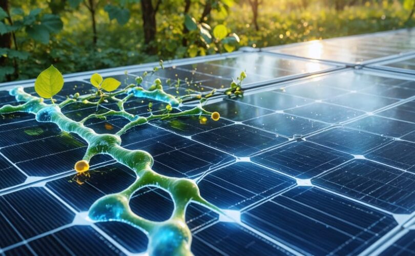 Illustration depicting the integration of plant xylem structures with solar panels, highlighting the biomimetic design approach for sustainable energy solutions.